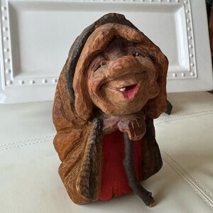 Hand-Carved Brown and Red Wood Figurine – Charming Hooded Character